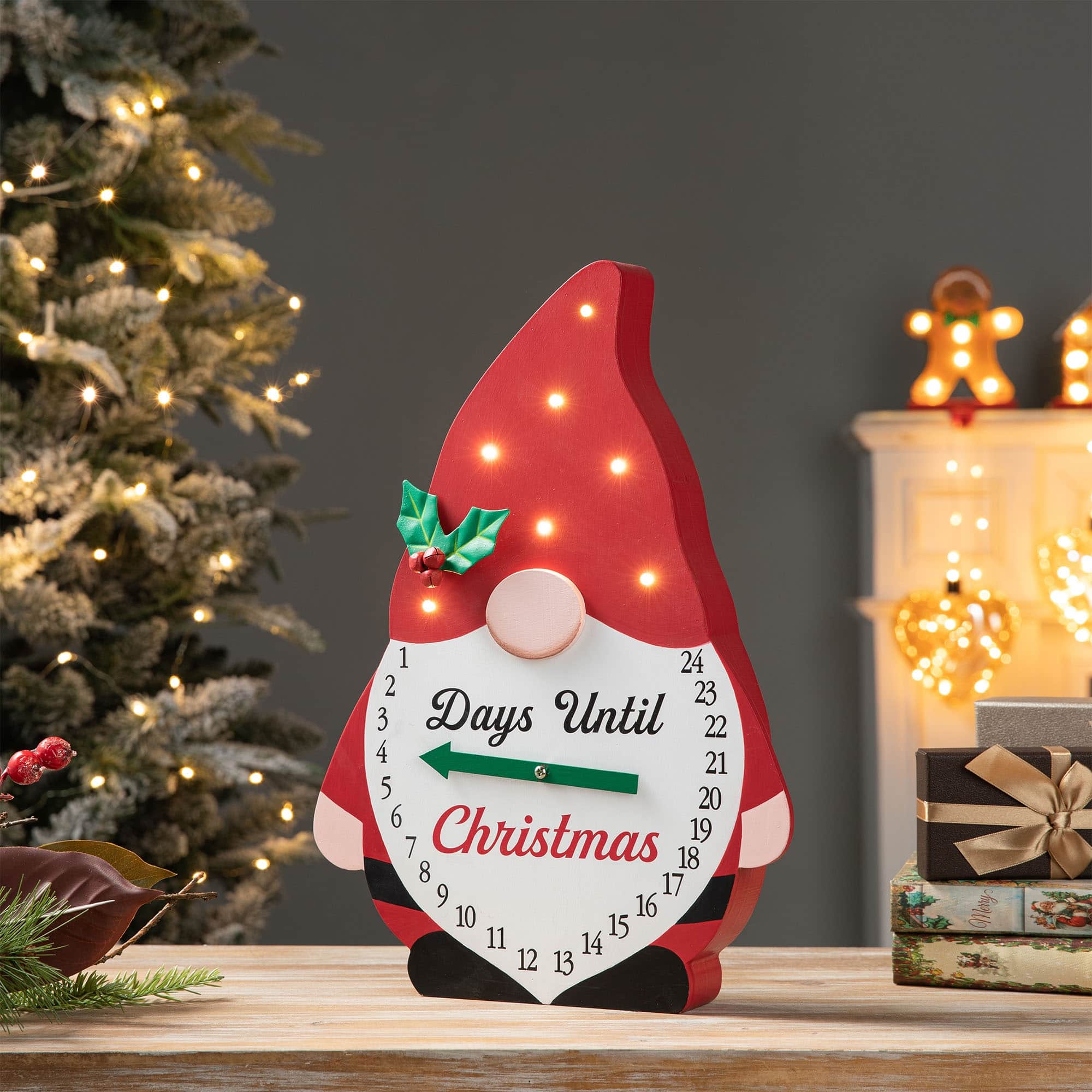 Glitzhome 15"H Lighted Wooden Christmas Gnome Countdown Calendar Red